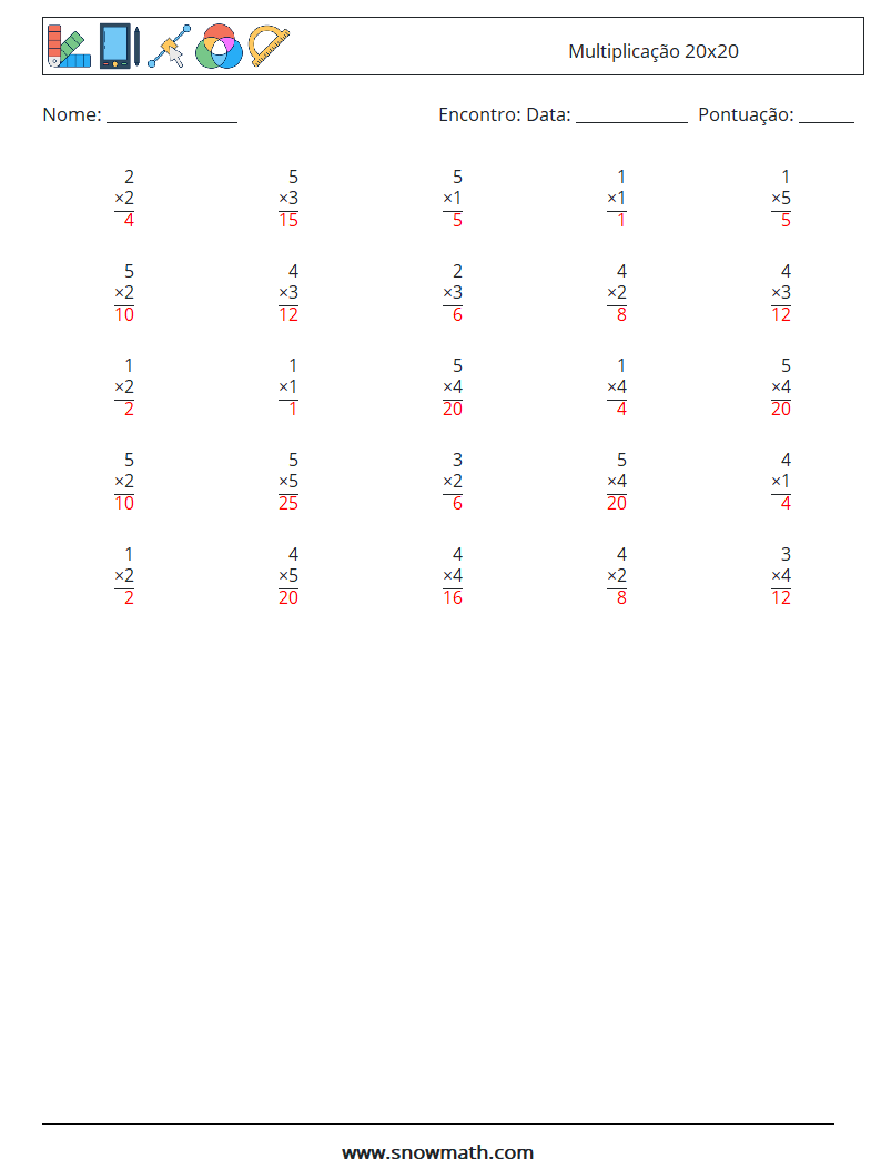 (25) Multiplicação 20x20 planilhas matemáticas 11 Pergunta, Resposta