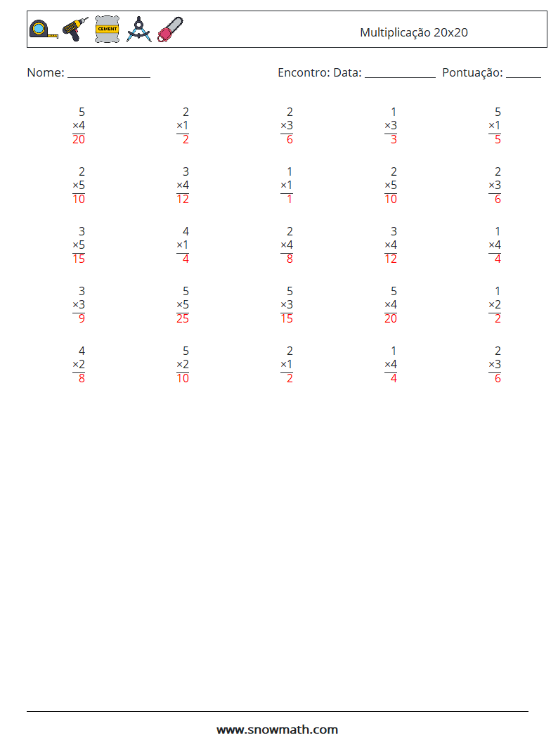 (25) Multiplicação 20x20 planilhas matemáticas 1 Pergunta, Resposta