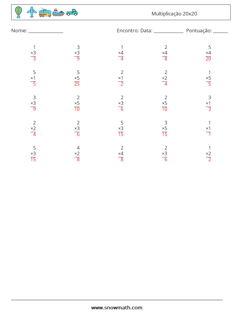 (25) Multiplicação 20x20 planilhas matemáticas 6 Pergunta, Resposta