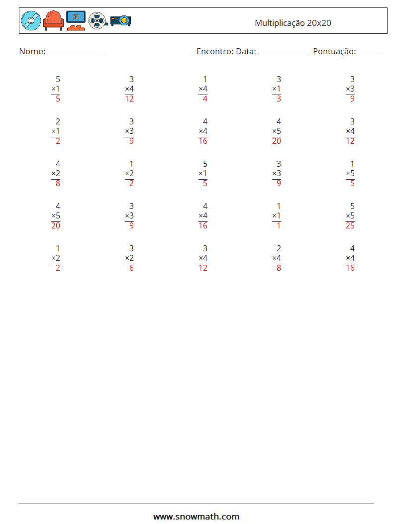 (25) Multiplicação 20x20 planilhas matemáticas 8 Pergunta, Resposta