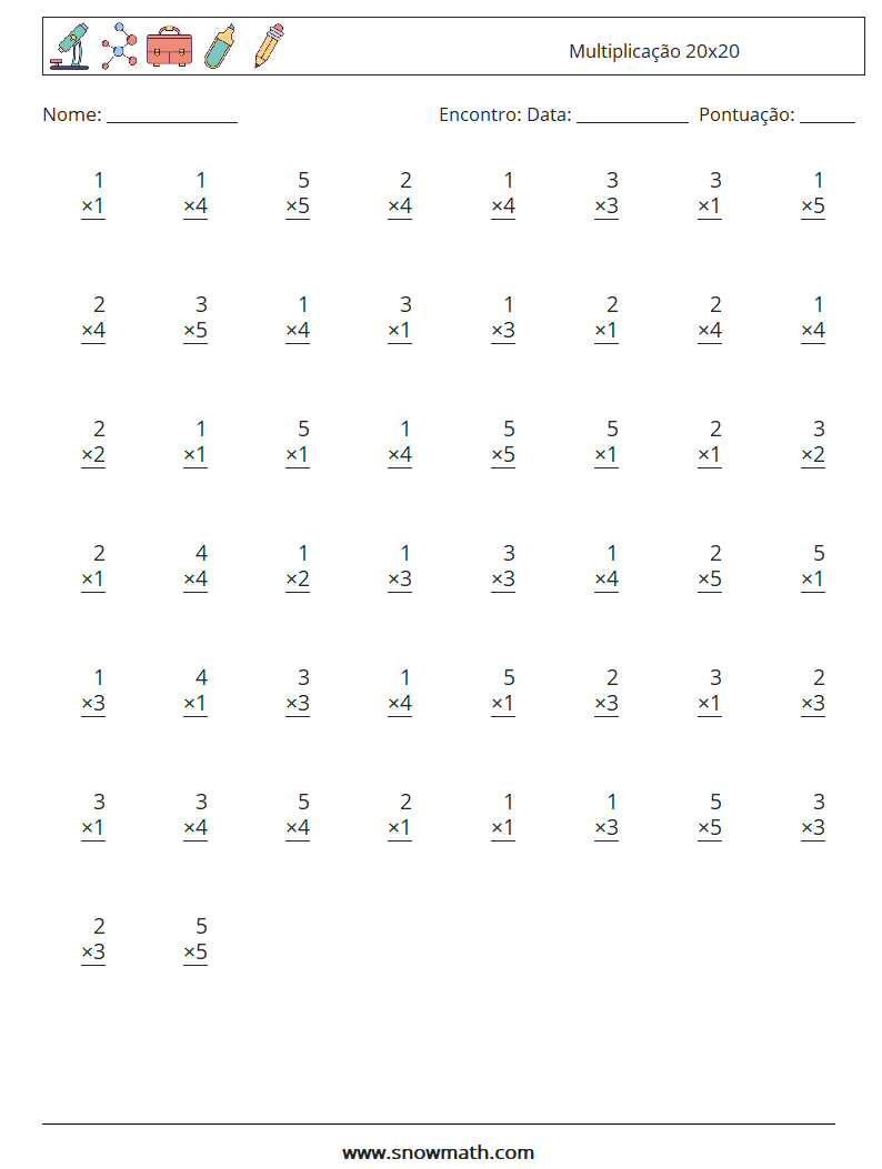 (50) Multiplicação 20x20 planilhas matemáticas 10