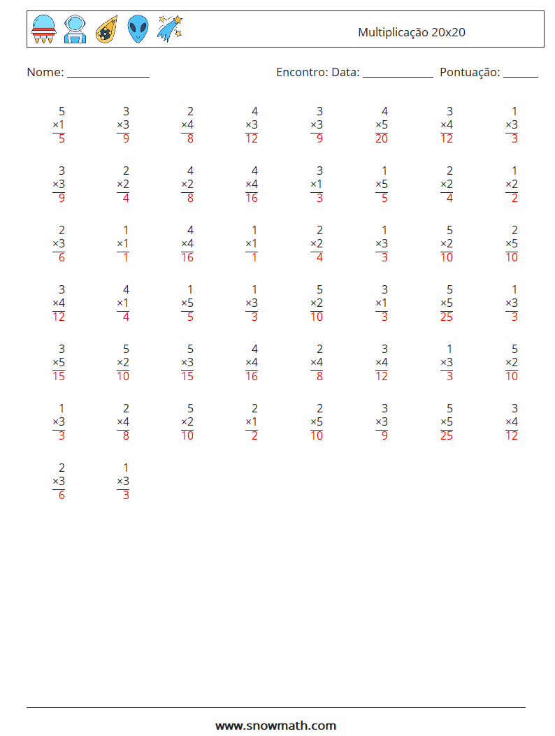 (50) Multiplicação 20x20 planilhas matemáticas 11 Pergunta, Resposta