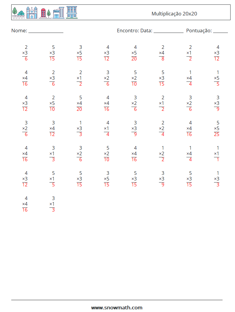 (50) Multiplicação 20x20 planilhas matemáticas 12 Pergunta, Resposta