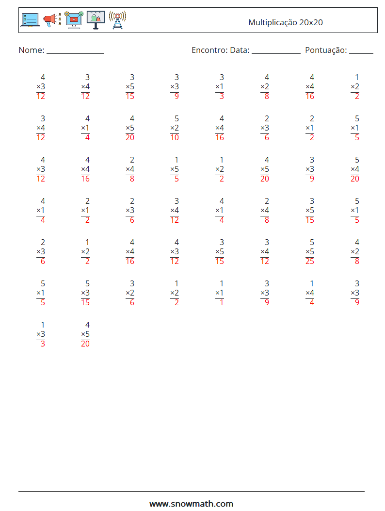 (50) Multiplicação 20x20 planilhas matemáticas 13 Pergunta, Resposta