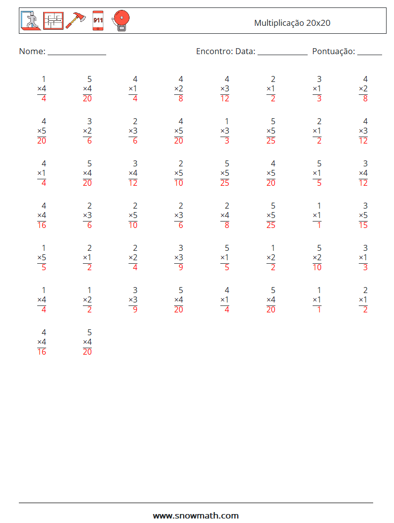 (50) Multiplicação 20x20 planilhas matemáticas 14 Pergunta, Resposta