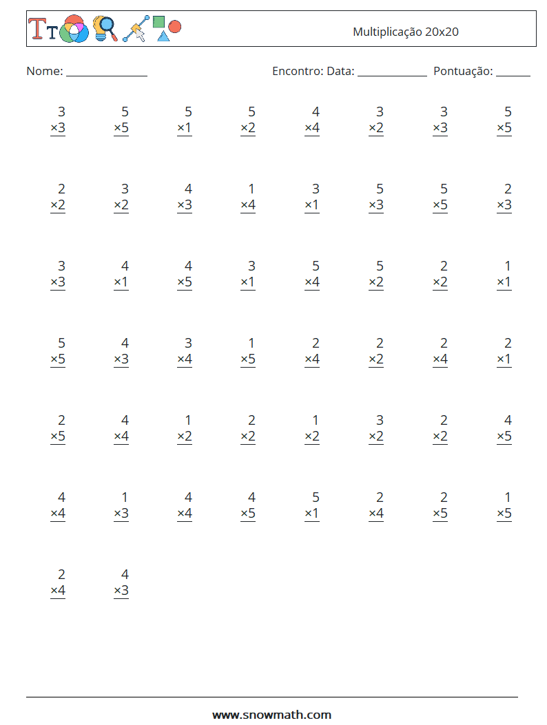 (50) Multiplicação 20x20 planilhas matemáticas 15