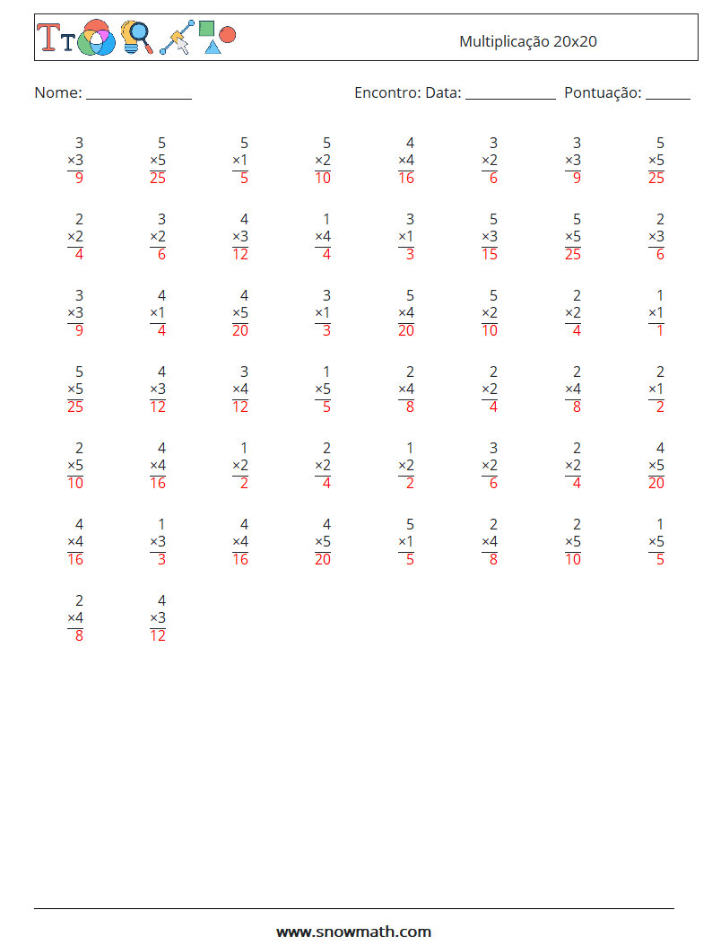 (50) Multiplicação 20x20 planilhas matemáticas 15 Pergunta, Resposta