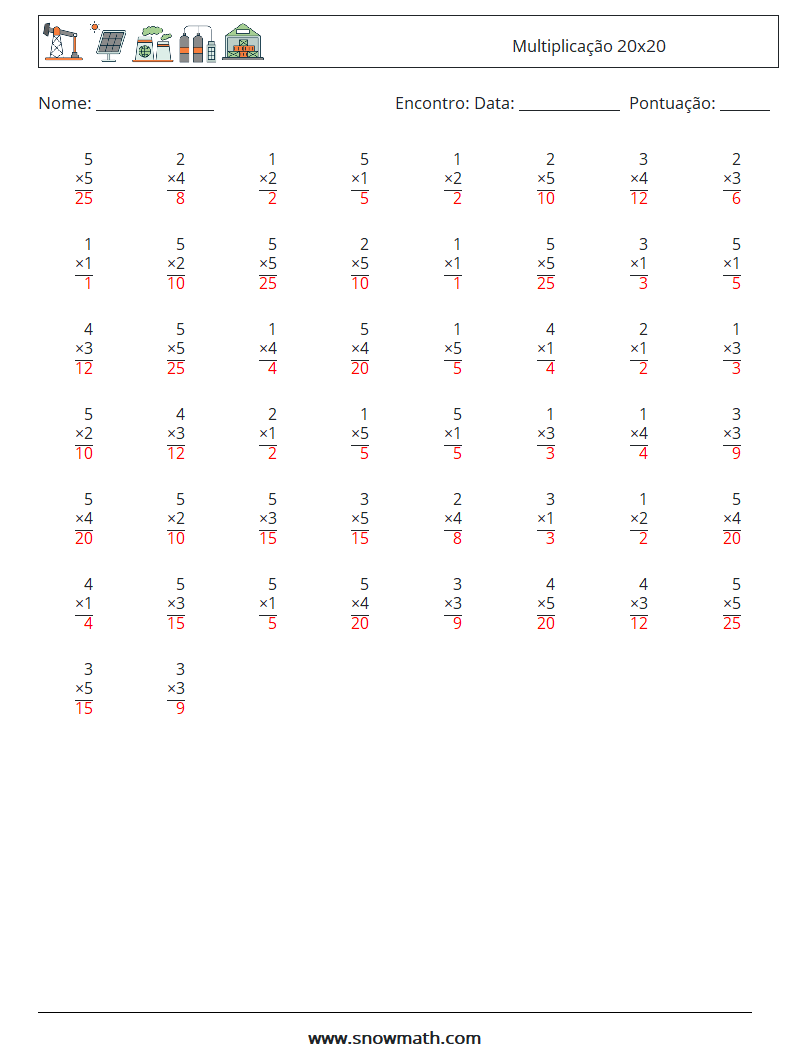 (50) Multiplicação 20x20 planilhas matemáticas 16 Pergunta, Resposta