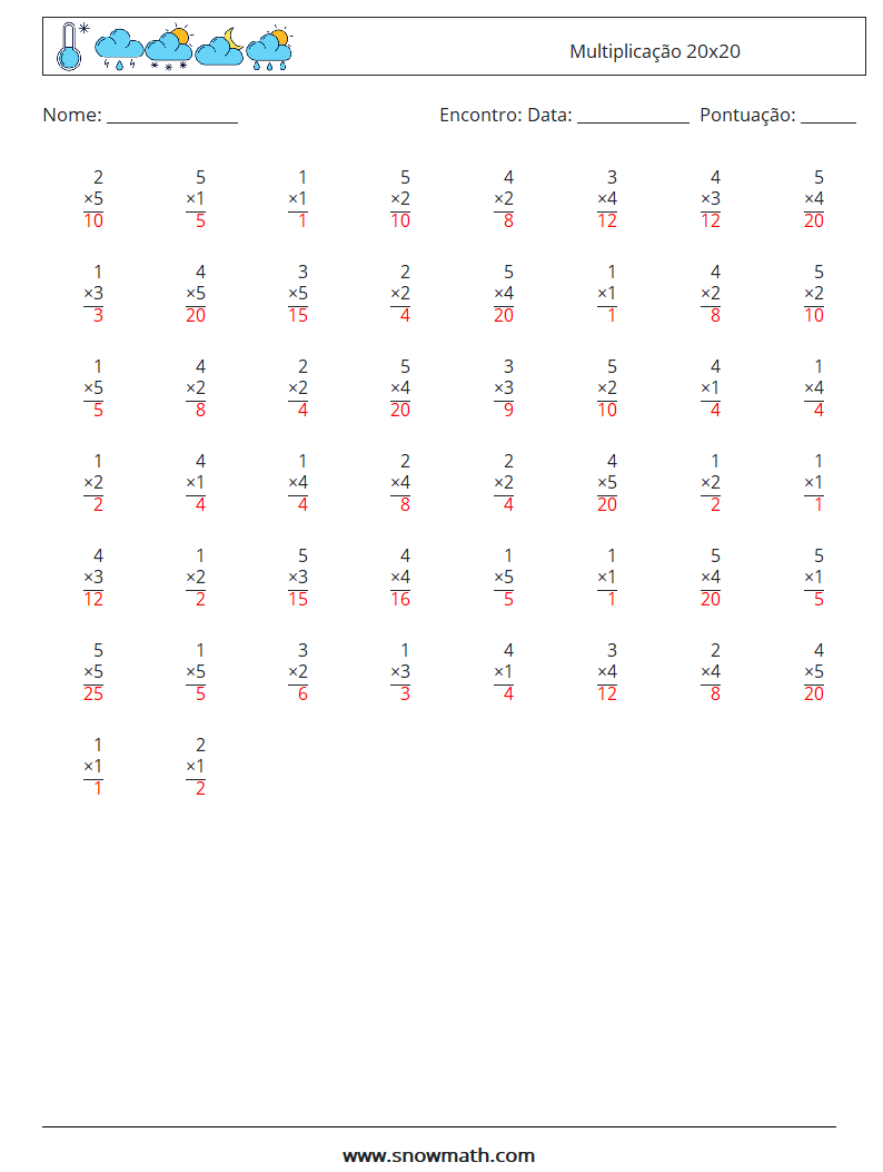 (50) Multiplicação 20x20 planilhas matemáticas 17 Pergunta, Resposta
