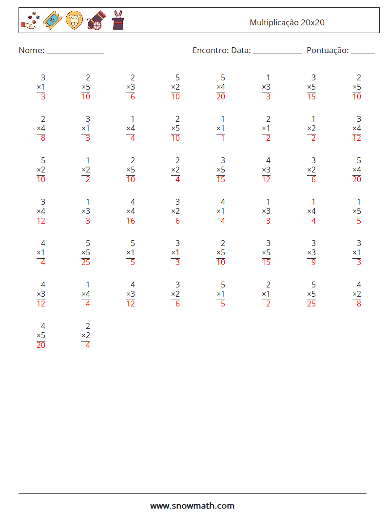 (50) Multiplicação 20x20 planilhas matemáticas 18 Pergunta, Resposta