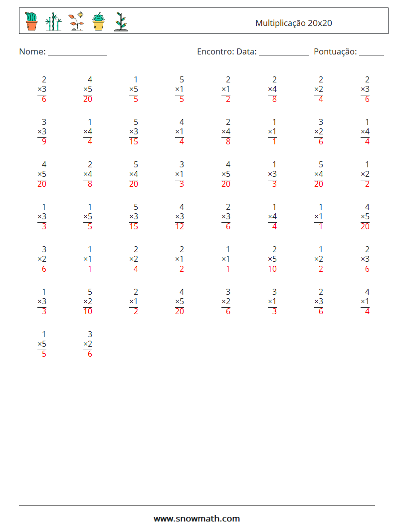 (50) Multiplicação 20x20 planilhas matemáticas 1 Pergunta, Resposta