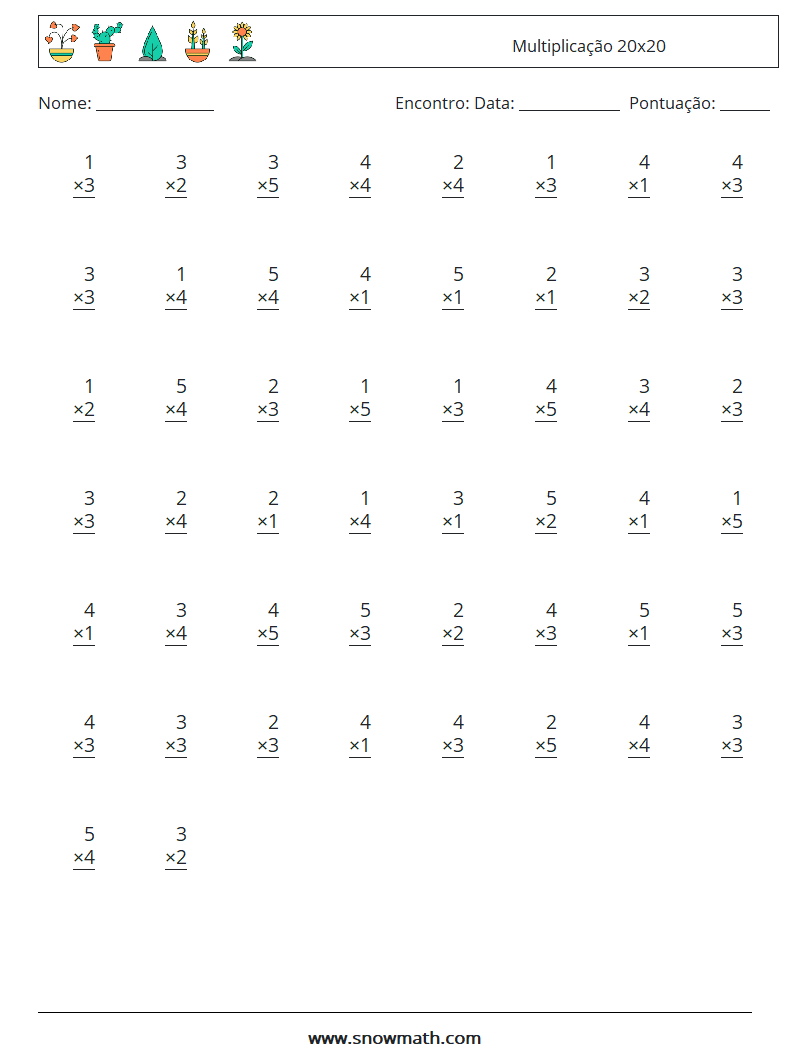 (50) Multiplicação 20x20 planilhas matemáticas 2