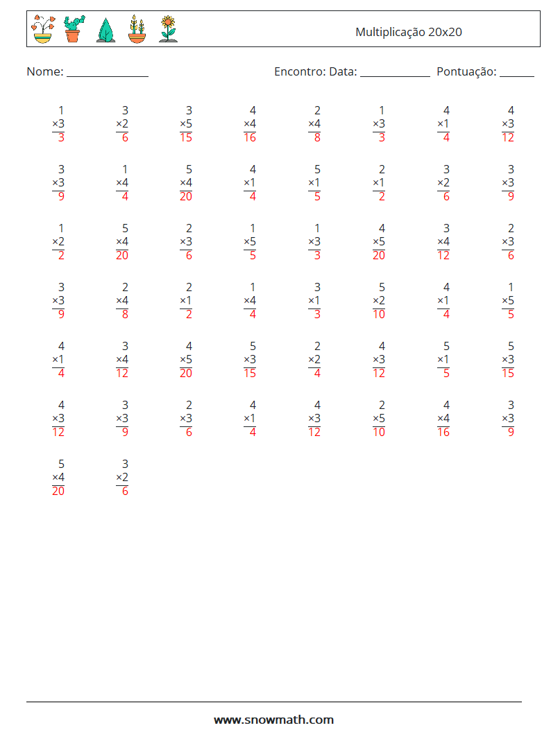 (50) Multiplicação 20x20 planilhas matemáticas 2 Pergunta, Resposta