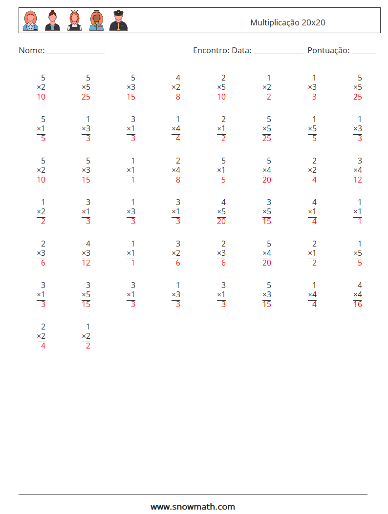 (50) Multiplicação 20x20 planilhas matemáticas 3 Pergunta, Resposta