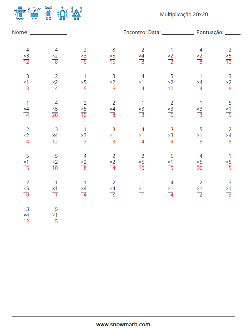 (50) Multiplicação 20x20 planilhas matemáticas 4 Pergunta, Resposta