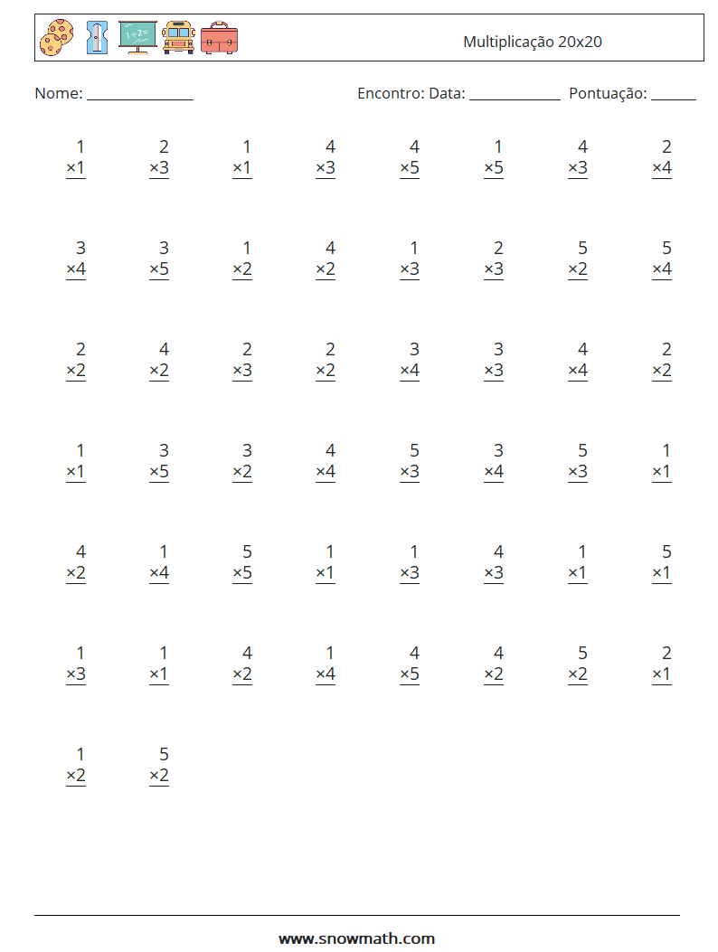 (50) Multiplicação 20x20 planilhas matemáticas 5