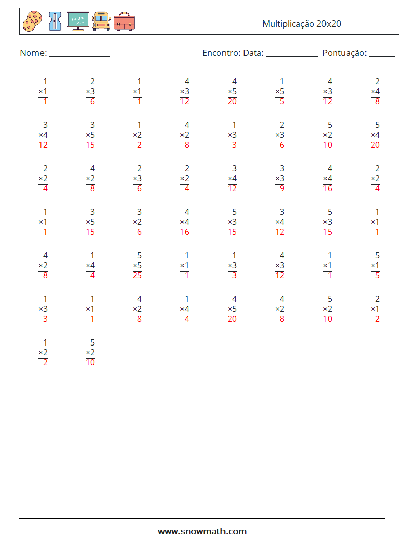 (50) Multiplicação 20x20 planilhas matemáticas 5 Pergunta, Resposta