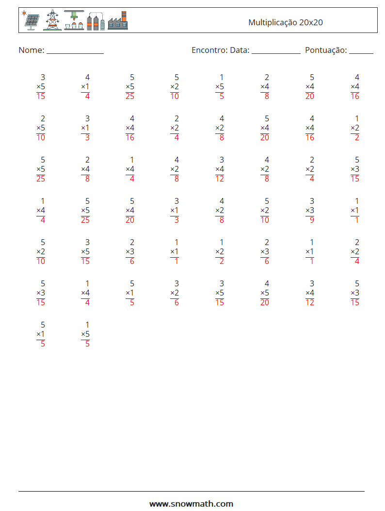 (50) Multiplicação 20x20 planilhas matemáticas 6 Pergunta, Resposta