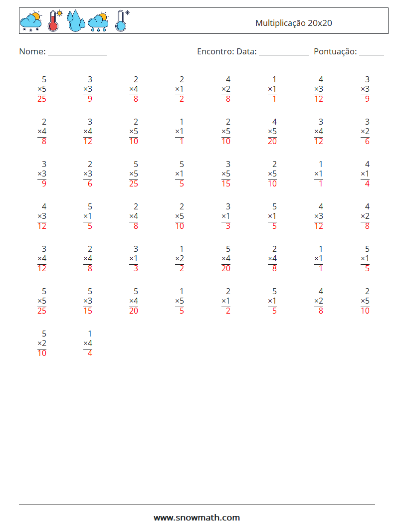(50) Multiplicação 20x20 planilhas matemáticas 7 Pergunta, Resposta