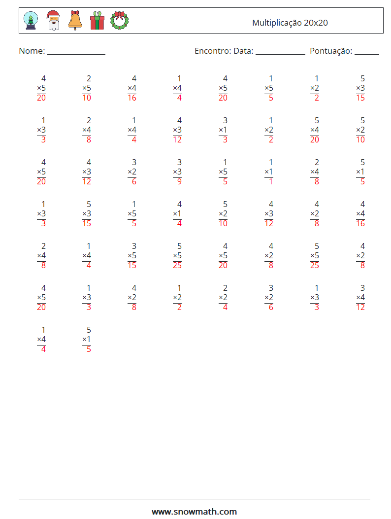 (50) Multiplicação 20x20 planilhas matemáticas 8 Pergunta, Resposta