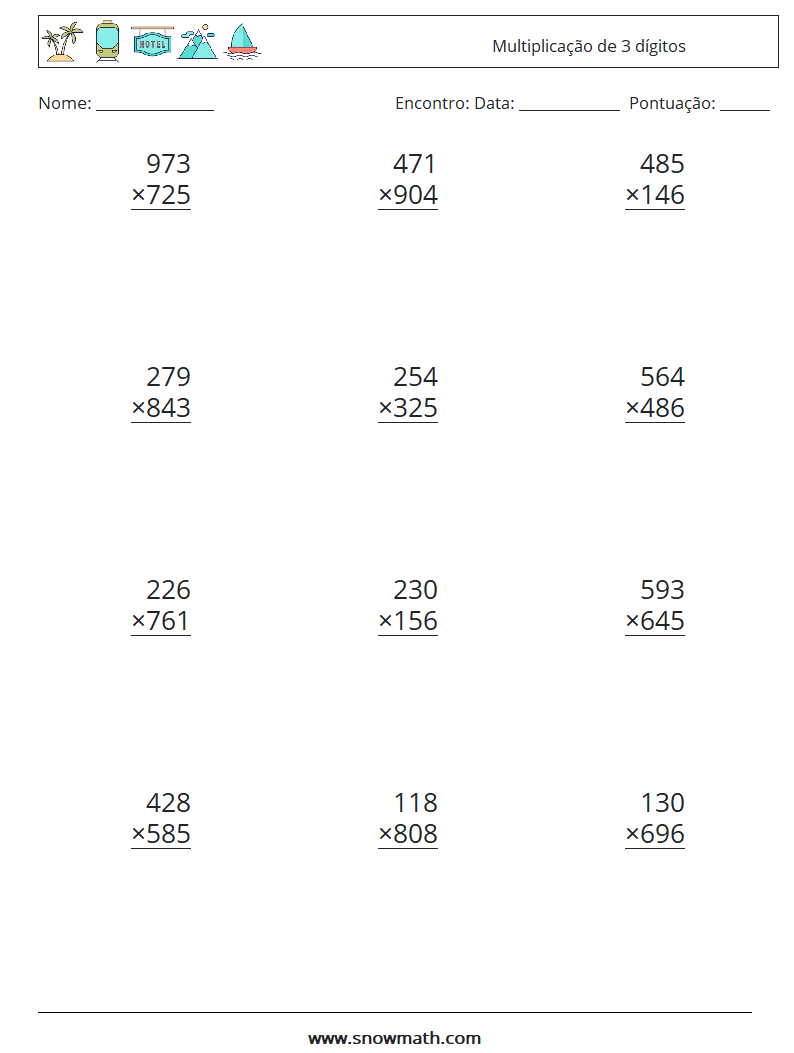 (12) Multiplicação de 3 dígitos planilhas matemáticas 10