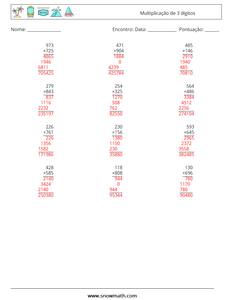 (12) Multiplicação de 3 dígitos planilhas matemáticas 10 Pergunta, Resposta