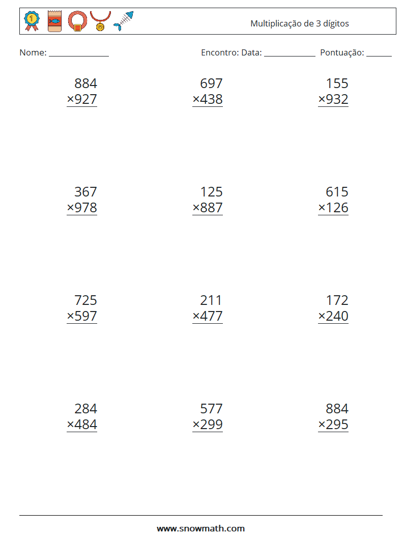 (12) Multiplicação de 3 dígitos planilhas matemáticas 11