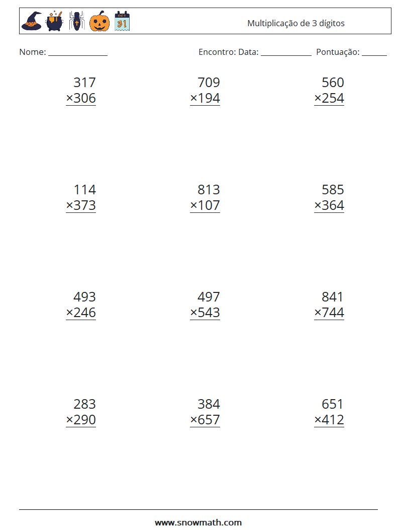 (12) Multiplicação de 3 dígitos planilhas matemáticas 13