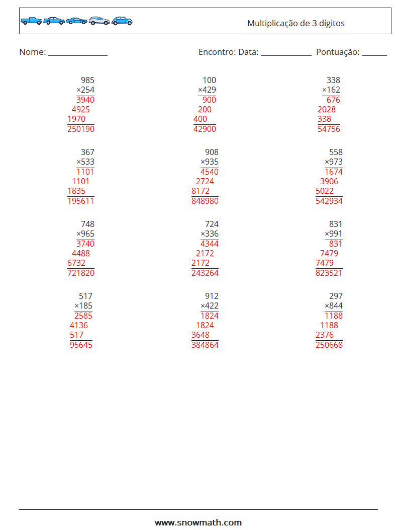 (12) Multiplicação de 3 dígitos planilhas matemáticas 14 Pergunta, Resposta