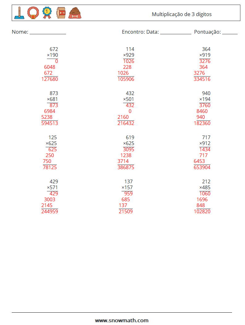 (12) Multiplicação de 3 dígitos planilhas matemáticas 15 Pergunta, Resposta