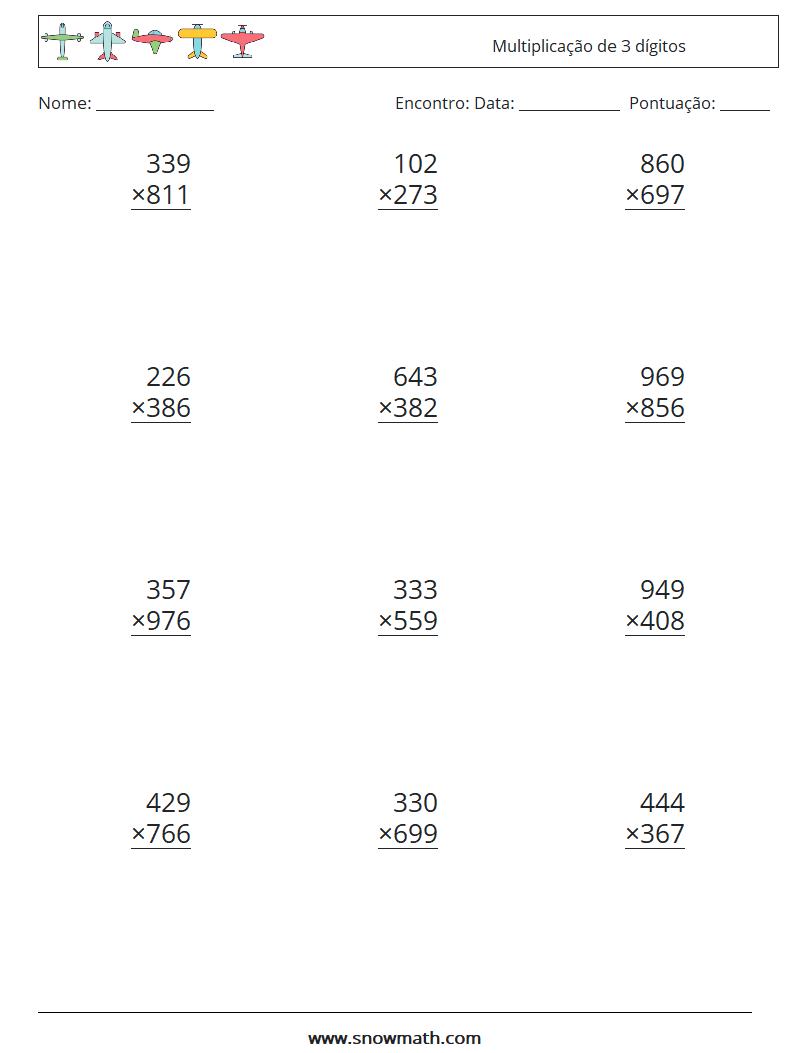 (12) Multiplicação de 3 dígitos planilhas matemáticas 17