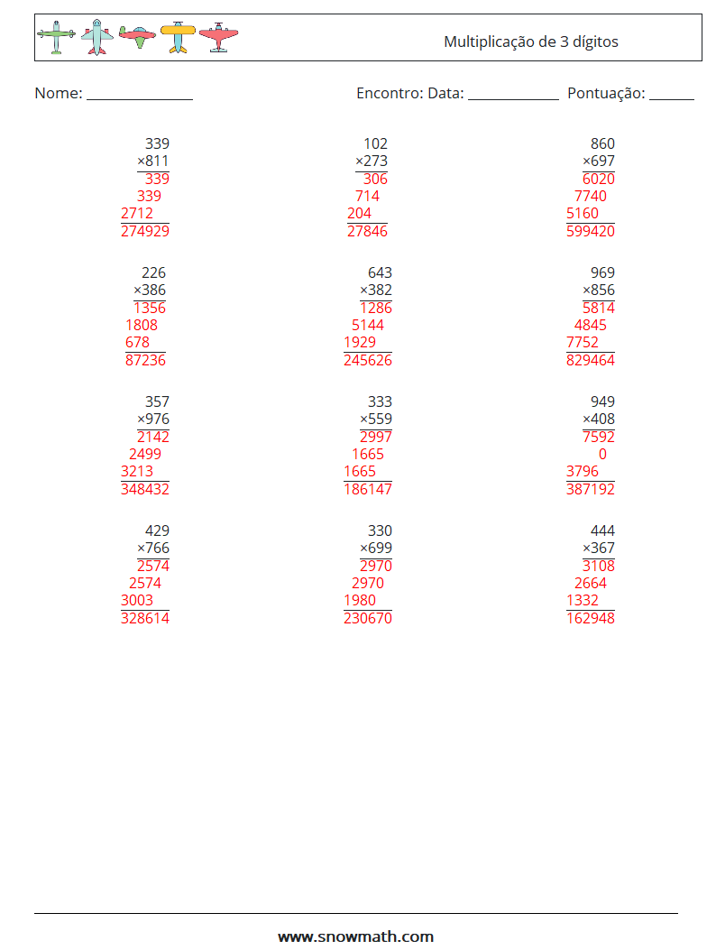 (12) Multiplicação de 3 dígitos planilhas matemáticas 17 Pergunta, Resposta
