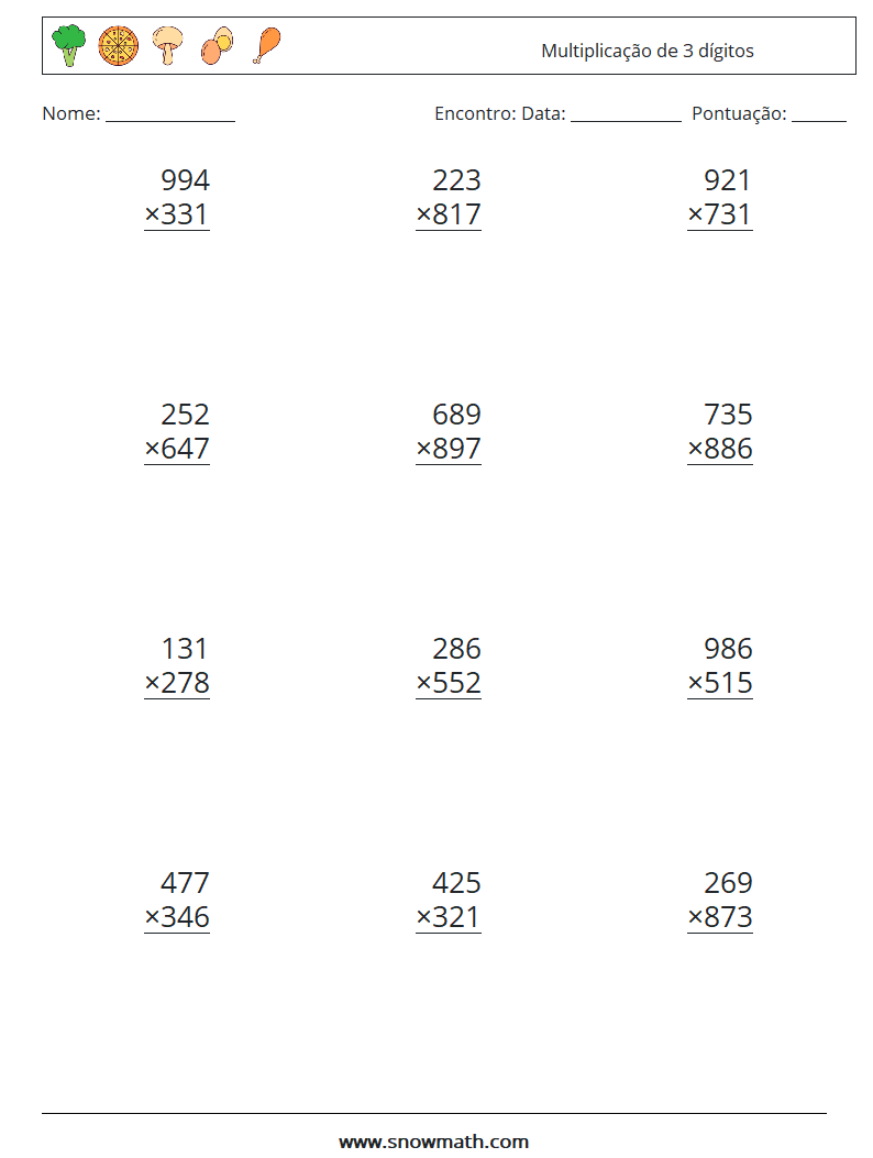 (12) Multiplicação de 3 dígitos planilhas matemáticas 18