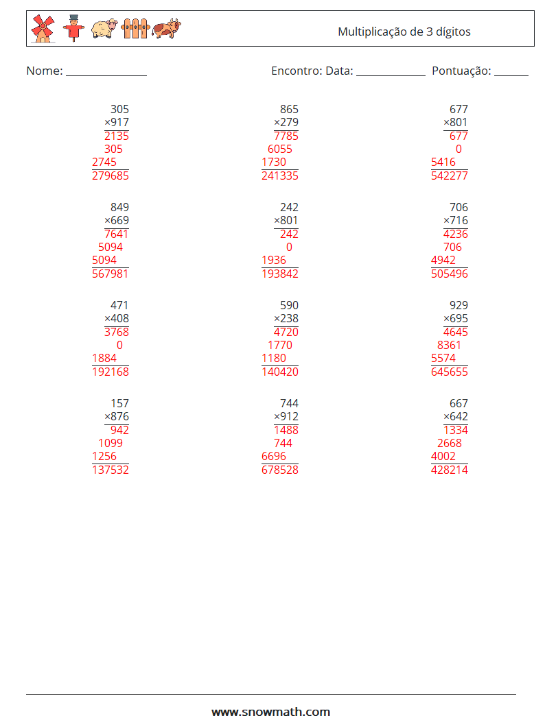 (12) Multiplicação de 3 dígitos planilhas matemáticas 1 Pergunta, Resposta