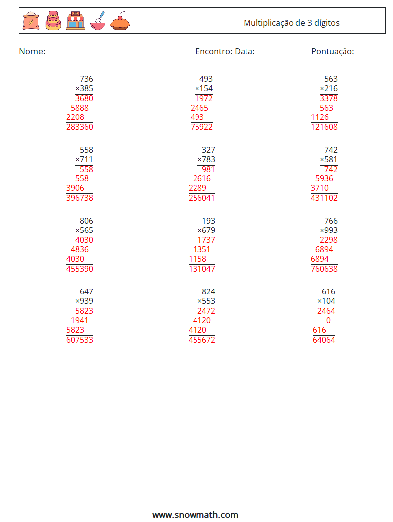 (12) Multiplicação de 3 dígitos planilhas matemáticas 4 Pergunta, Resposta