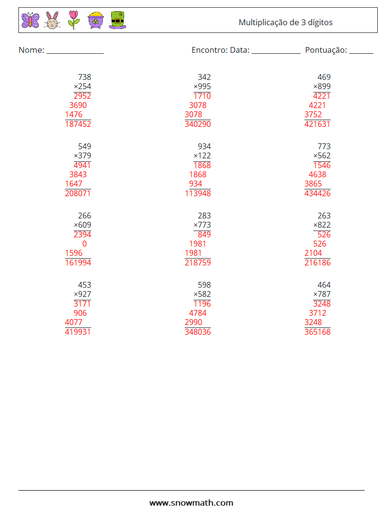 (12) Multiplicação de 3 dígitos planilhas matemáticas 6 Pergunta, Resposta