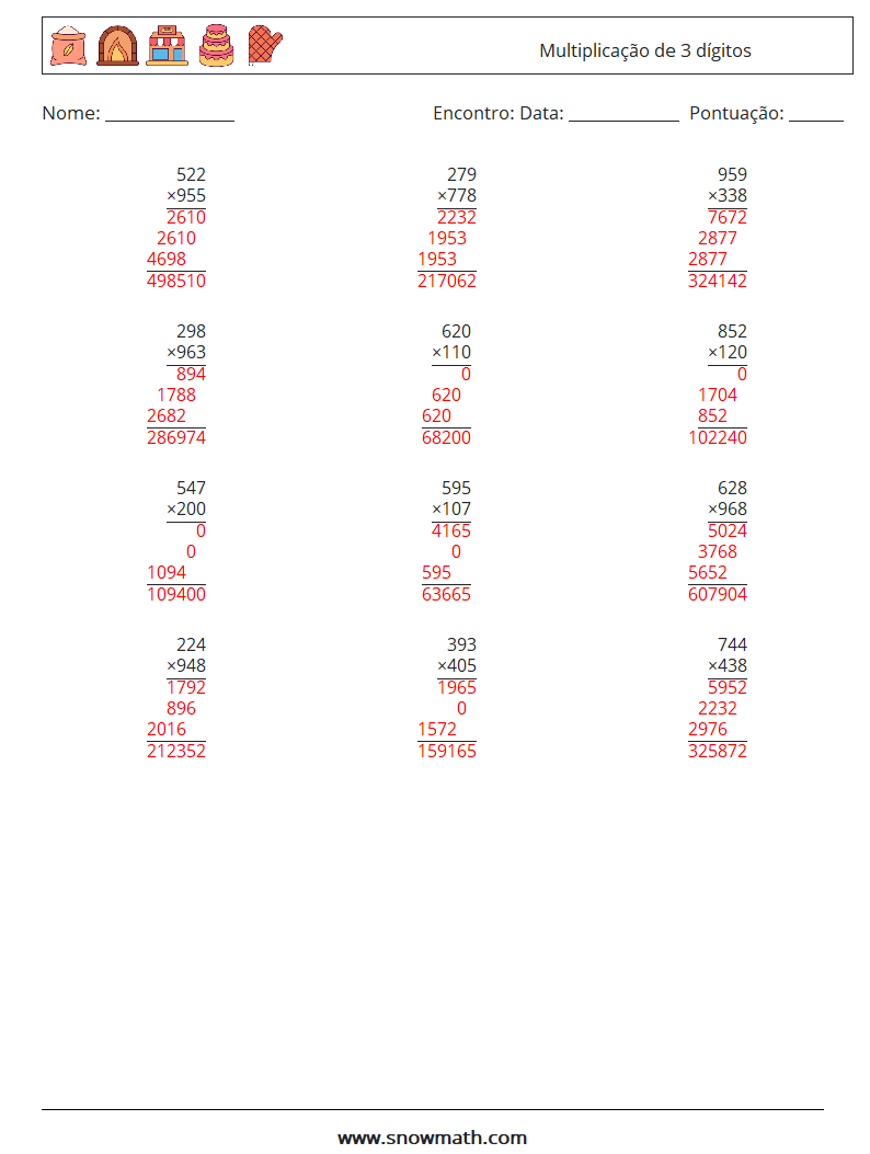 (12) Multiplicação de 3 dígitos planilhas matemáticas 7 Pergunta, Resposta