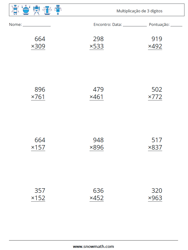 (12) Multiplicação de 3 dígitos planilhas matemáticas 8