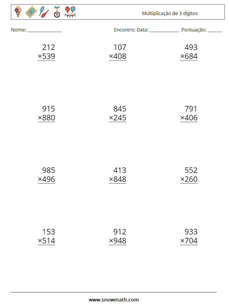 (12) Multiplicação de 3 dígitos planilhas matemáticas 9