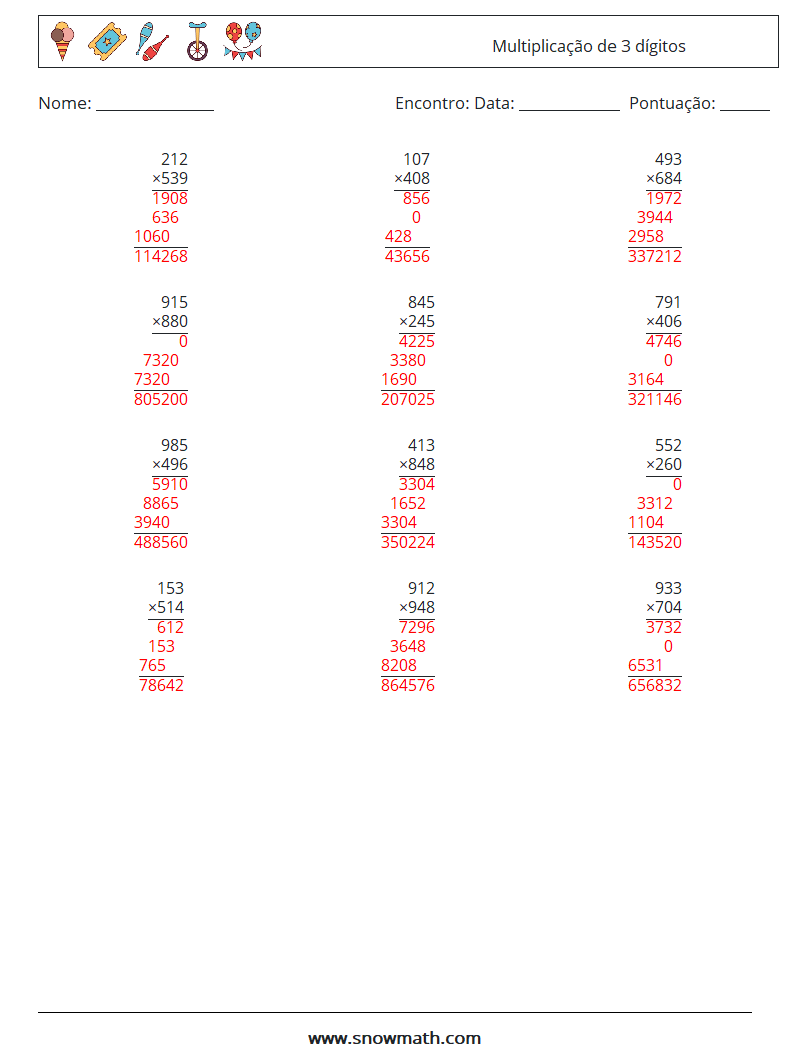 (12) Multiplicação de 3 dígitos planilhas matemáticas 9 Pergunta, Resposta