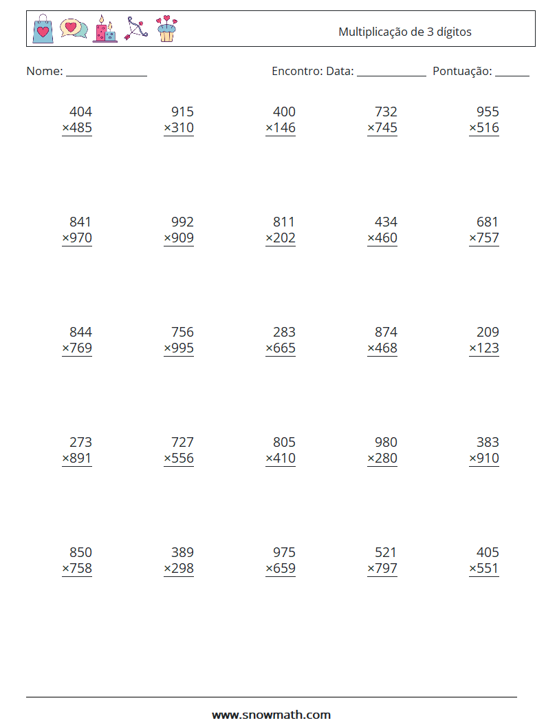 (25) Multiplicação de 3 dígitos planilhas matemáticas 10