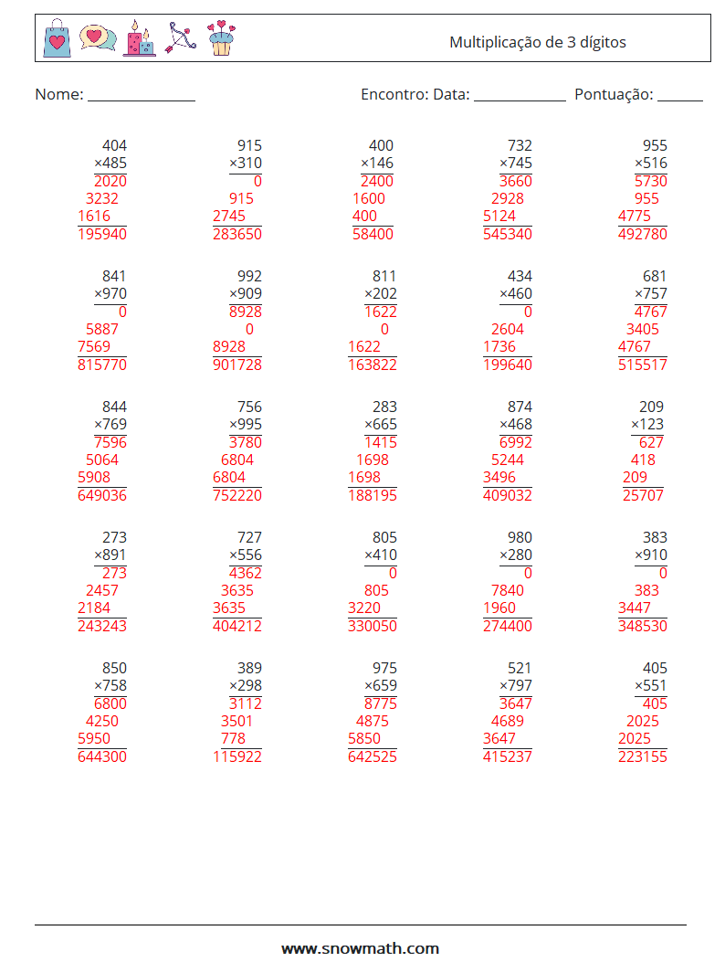 (25) Multiplicação de 3 dígitos planilhas matemáticas 10 Pergunta, Resposta