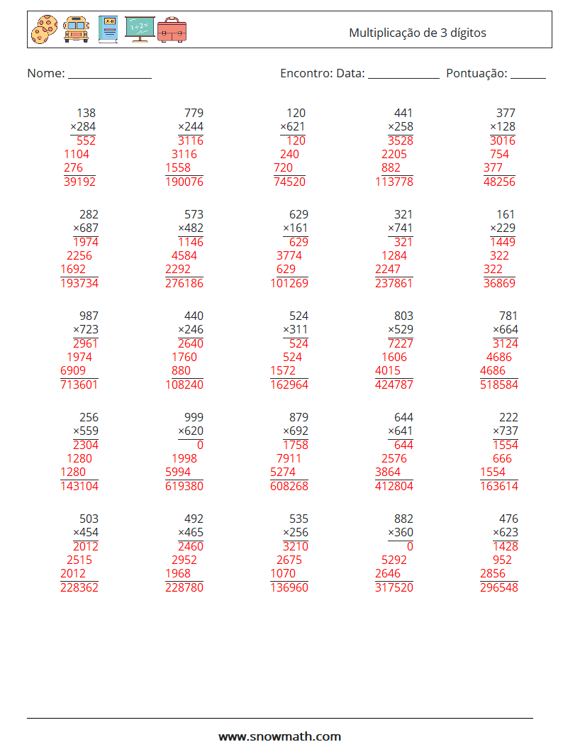 (25) Multiplicação de 3 dígitos planilhas matemáticas 11 Pergunta, Resposta