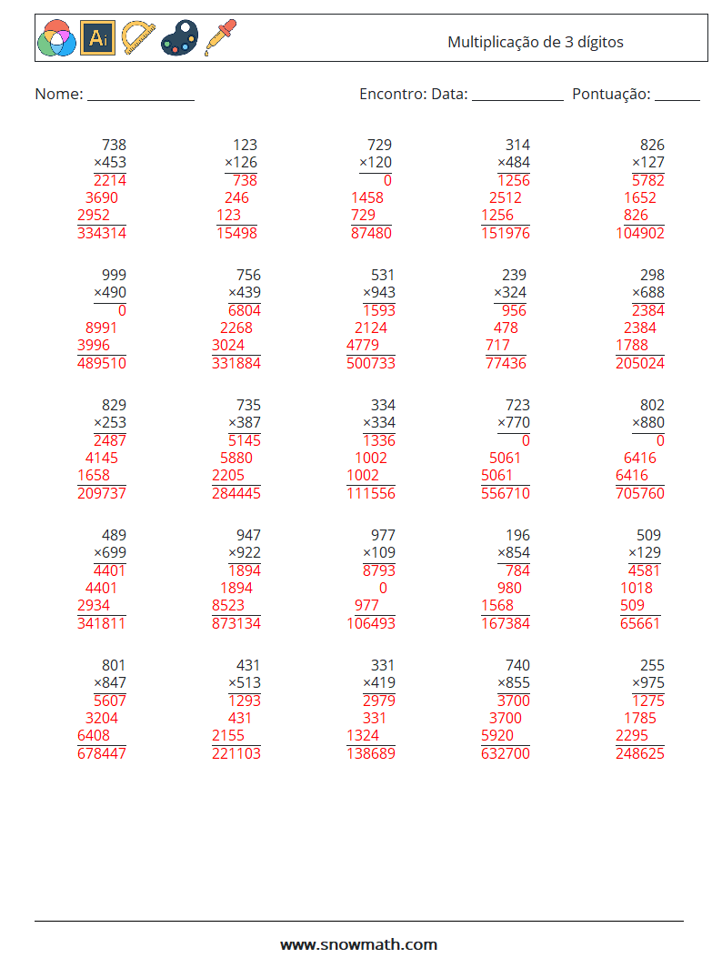 (25) Multiplicação de 3 dígitos planilhas matemáticas 12 Pergunta, Resposta