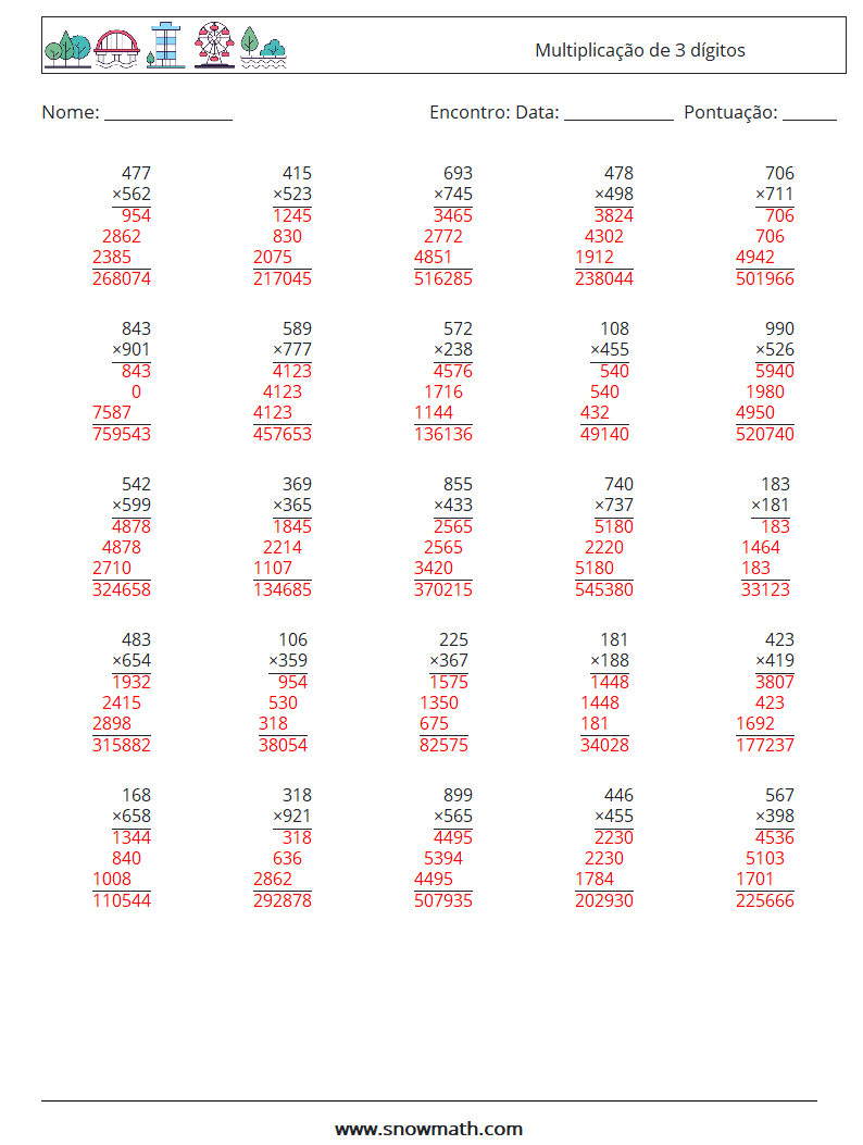 (25) Multiplicação de 3 dígitos planilhas matemáticas 13 Pergunta, Resposta