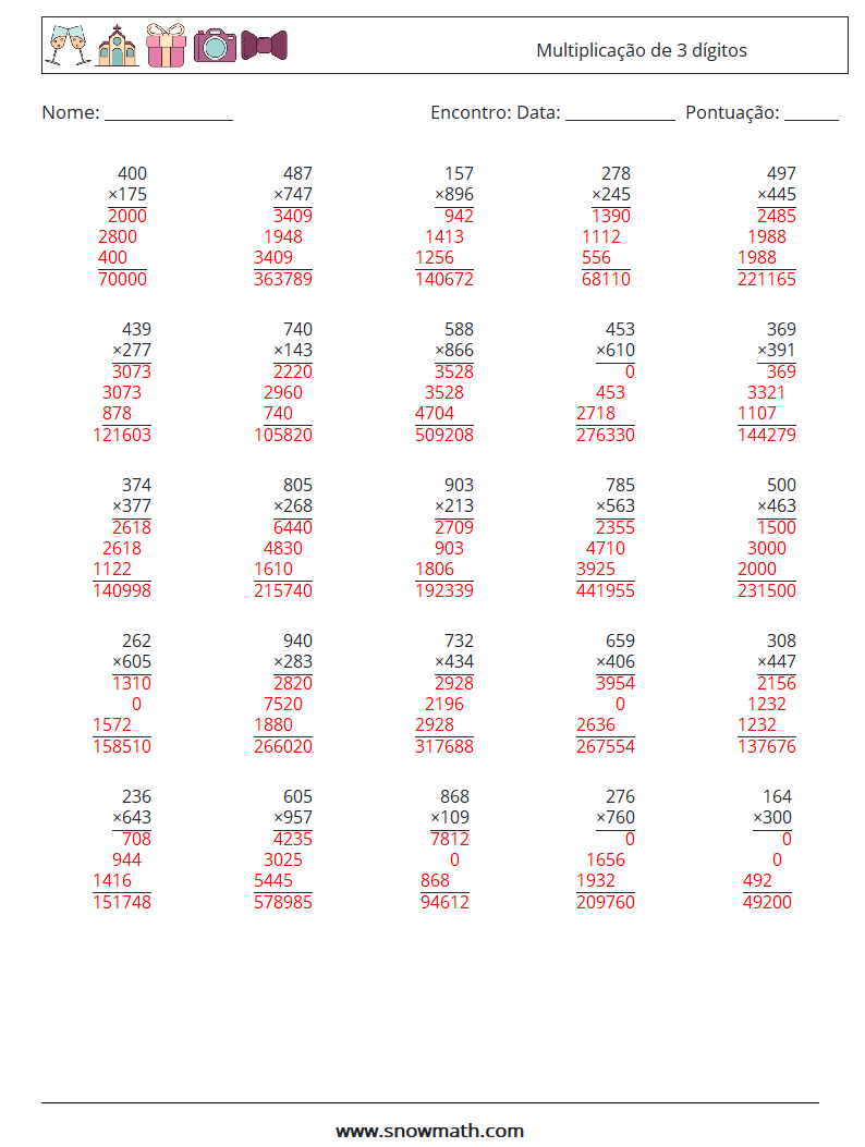 (25) Multiplicação de 3 dígitos planilhas matemáticas 14 Pergunta, Resposta