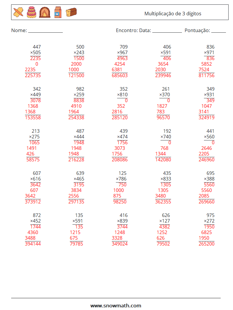 (25) Multiplicação de 3 dígitos planilhas matemáticas 15 Pergunta, Resposta