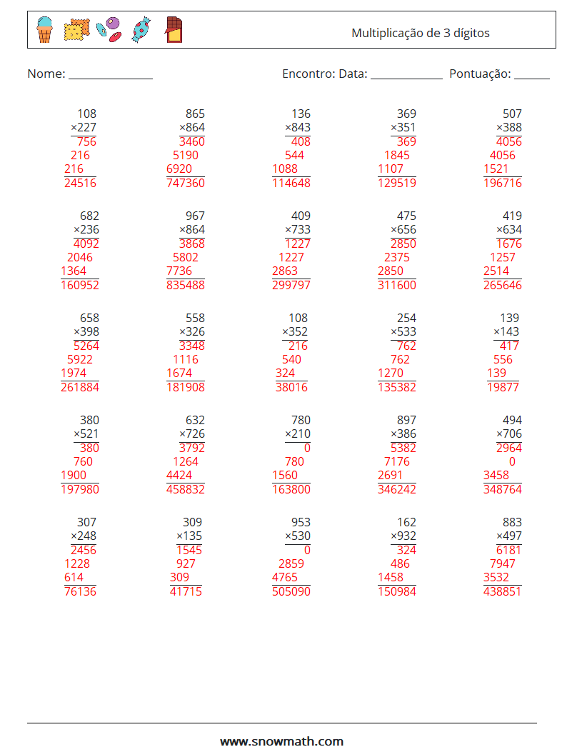 (25) Multiplicação de 3 dígitos planilhas matemáticas 17 Pergunta, Resposta