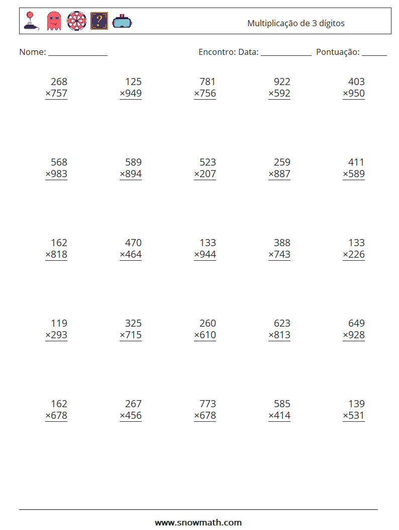 (25) Multiplicação de 3 dígitos planilhas matemáticas 18