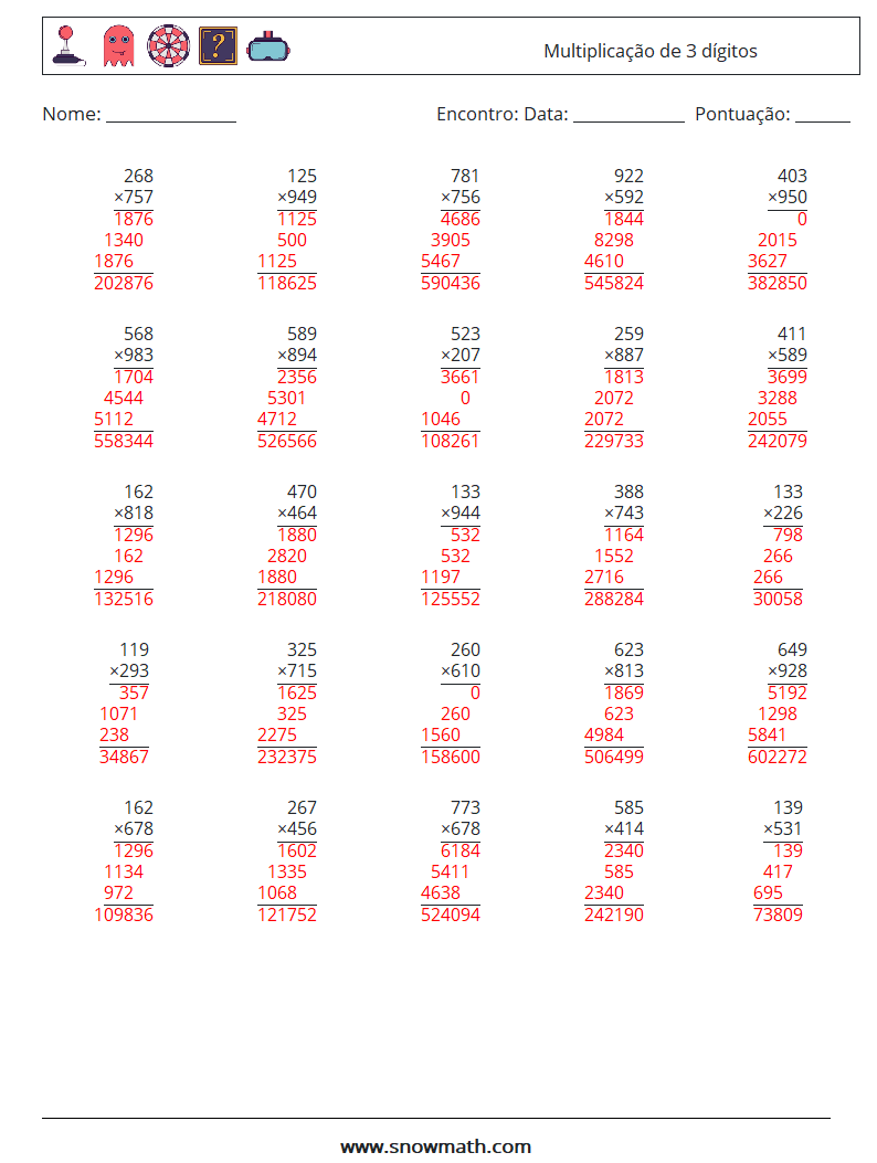 (25) Multiplicação de 3 dígitos planilhas matemáticas 18 Pergunta, Resposta